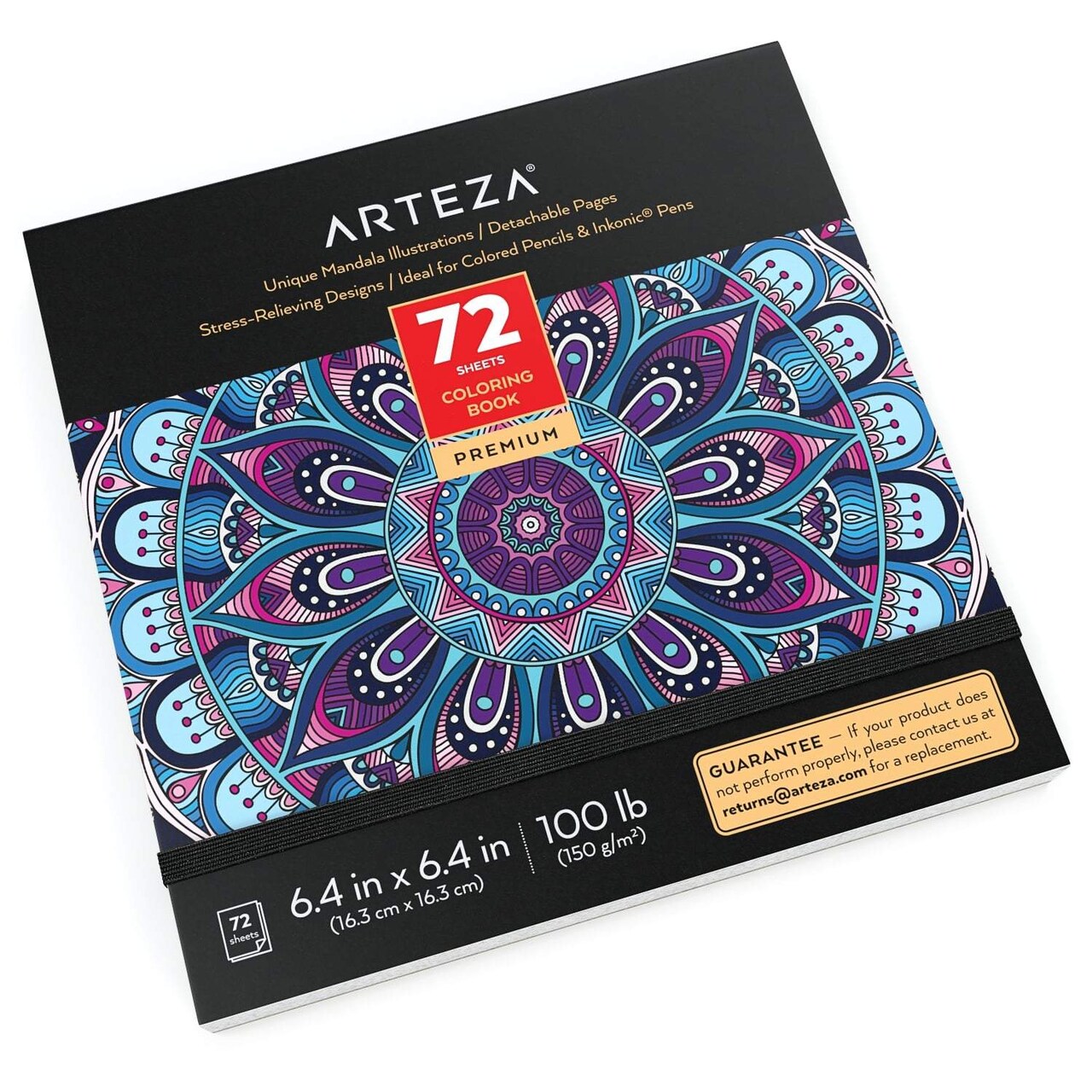 Arteza Adult Stress-Relieving Mandala Coloring Book, Black Outlines - 72 sheets